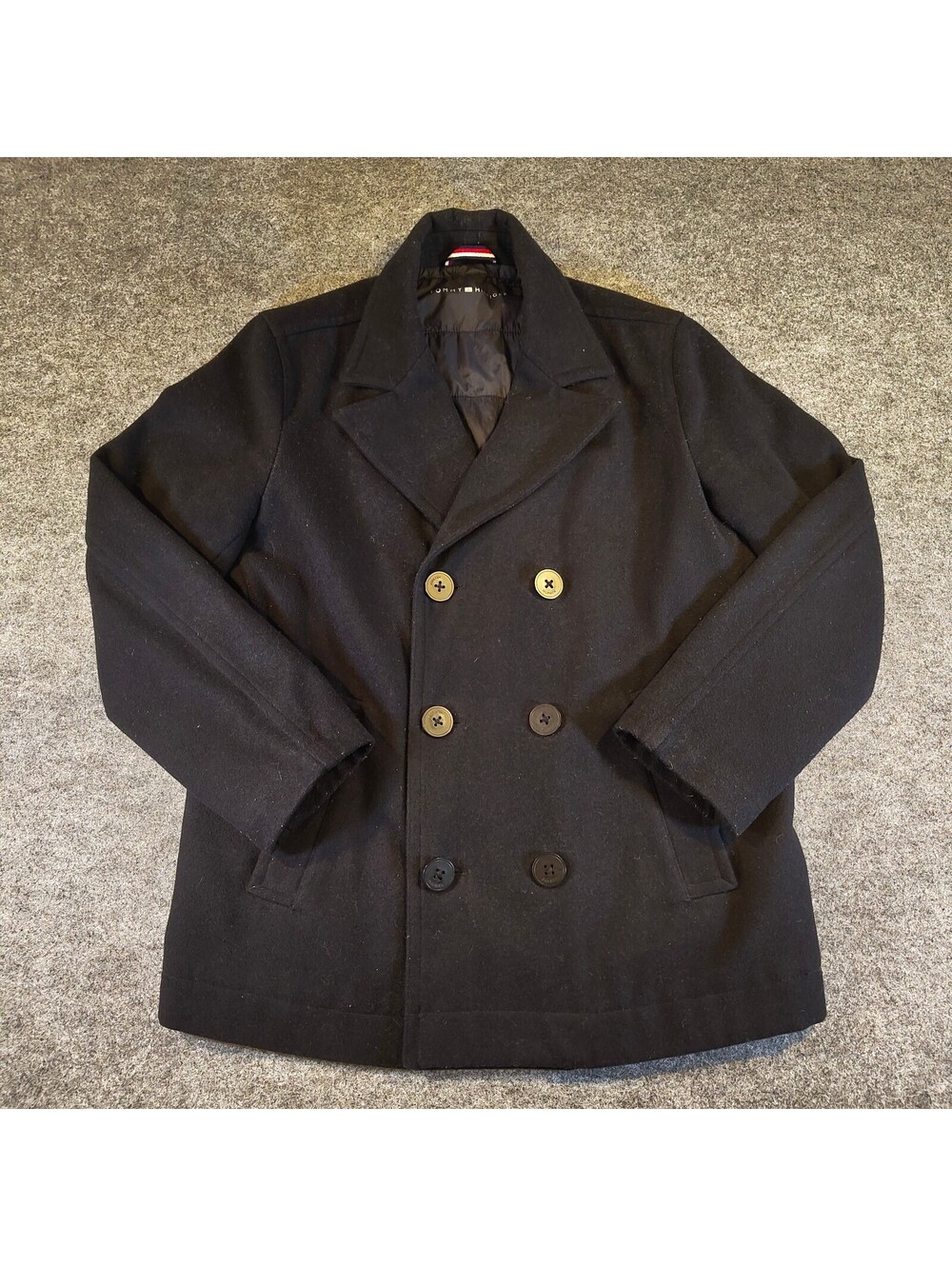 Tommy Hilfiger Mens Black Double Breasted Wool Blend Peacoat Size M